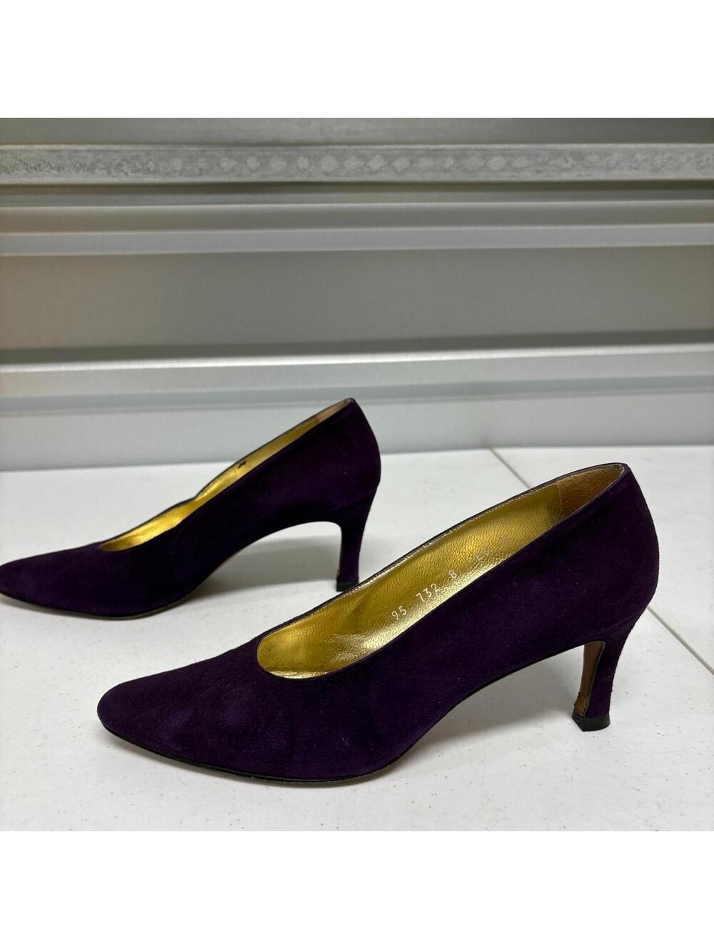Pancaldi Italy Suede Heels Womens 8 Purple Pumps Gold Lined Vintage Luxury